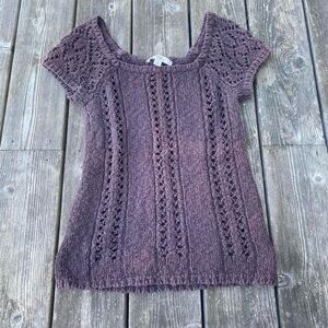 Vintage Y2k Old Navy Boho Earthy Brown Knit Short Sleeve Knitted Top Sz S